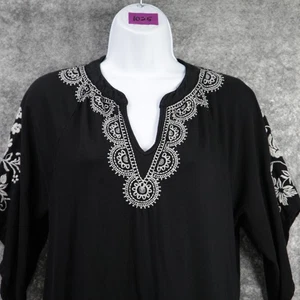 Johnny Was Dress Womens XS Black Floral Embroidered Bohemian Tunic Split V Neck - Picture 1 of 8