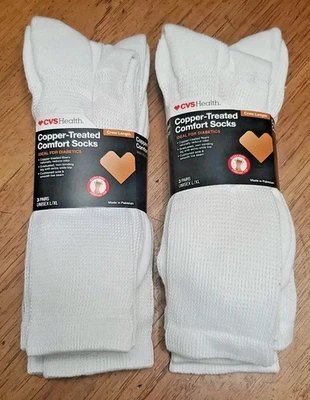 Calcetines cómodos blancos tratados con cobre CVS Health longitud doble 6 pares L/XL Foto 1 de 4