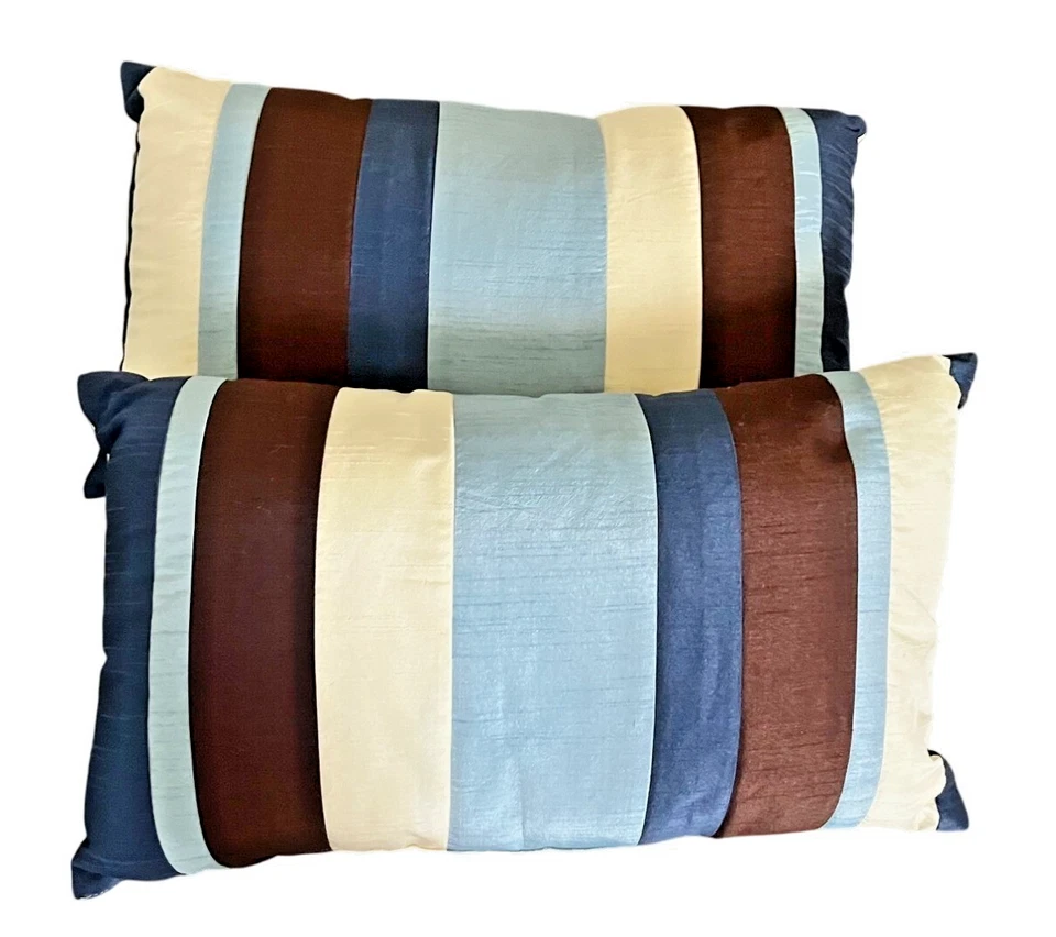 Juego de 2 Almohadas Reversibles Rayas Lunares Beige Azul Marrón MCM 12x18 Foto 1 de 4