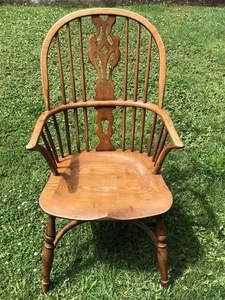 ENGLISH Elm Stick & Fiddle High back, Saddle Seat Crinoline Stretcher Chair - Picture 1 of 9