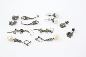 Sterling Silver Earrings Marcasite Simulated Pearl Ornate Gemstone x 6 (20g) - Picture 1 of 7