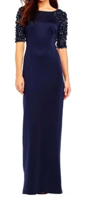 Adrianna Papell Stretch Column Sequin Sleeve Long Formal Gown Navy Blue Size 0 - Image 1 of 4