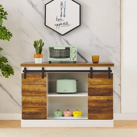 Farmhouse Kitchen Storage Buffet Cabinet Wooden Sideboard with Sliding Barn Door Cover