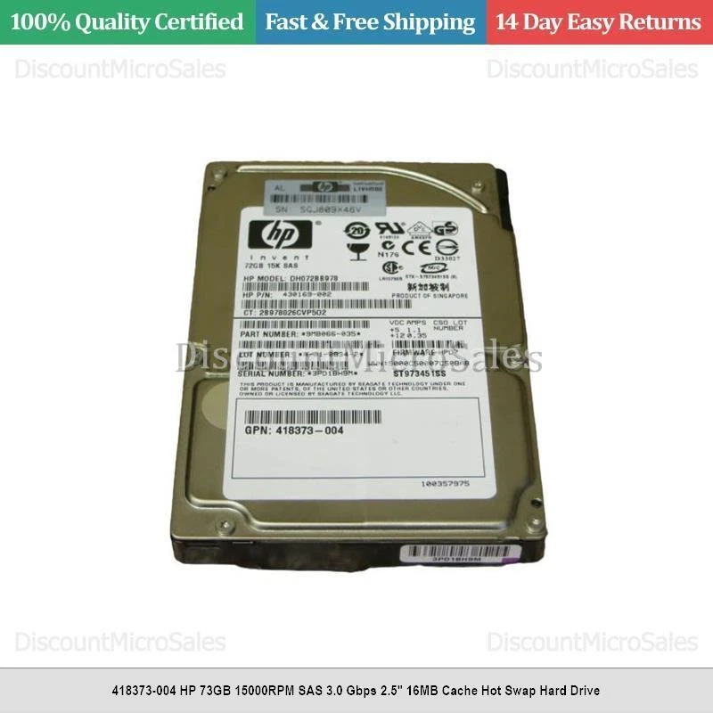 418373-004 HP 73GB 15000RPM SAS 3.0 Gbps 2.5" 16MB Cache Hot Swap Hard Drive - Image 1 of 1