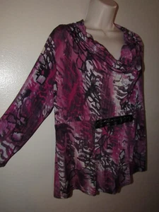 Lanalee Womens Petite XL Top Purple Print Leather Accent Stretch Cowl 3/4 Sleeve - Picture 1 of 11