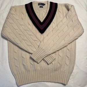 Vintage Ralph Lauren Zopfmuster Pullover XL 100% Wolle V-Ausschnitt Tennis schwarz/rot/grün NEUWERTIG!! - Bild 1 von 8
