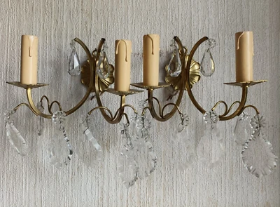 Paire appliques en bronze doré et laiton pampilles de cristal - Etat de marche - Photo 1/4