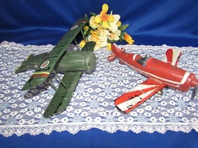 VTG METAL AND WOOD MILITARY BI-PLANE GREEN & HANDMADE WOOD & METAL AIRPLANE RED - Image 1 of 4