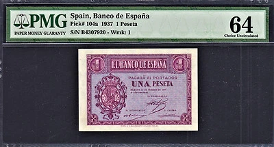 Spain One Peseta 1937 Pick-104a Ch UNC PMG 64 - Image 1 of 2
