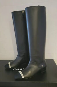AUTH NWB 20P CHANEL HIGH BOOTS PEARLS ZIPPER GOLD CC LOGO BLACK LEATHER 41/10