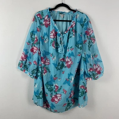 Catherines Floral Popover Blouse Size 2X Tassel Chiffon 3/4 Sleeves Butterfly - Image 1 of 4