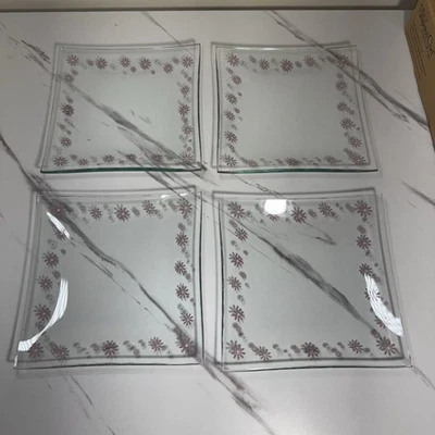 Pampered Chef Pink Daisy 6x6” Glass Dessert Plates Set Of 4 #2818 Retired NIB - Image 1 of 4