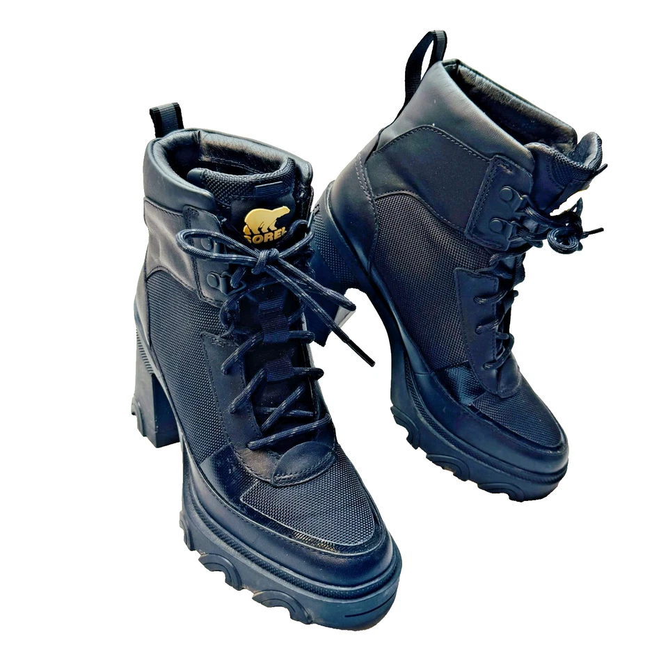 Botas de plataforma de lluvia con cordones SOREL Black Brex tacón alto suela LUG negras 6,5 37,5 Foto 1 de 4