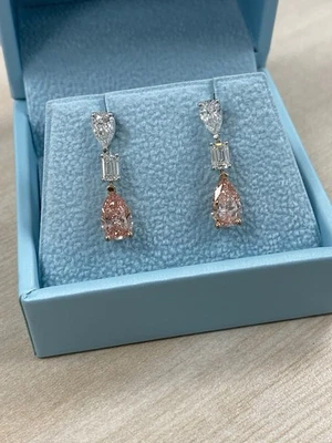 3.50 CT Pear Lab Grown Fancy Vivid Pink Diamond Dangle Earrings 14k Gold - Image 1 of 4