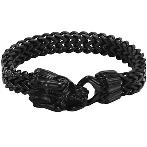 8.7 inches Mens Stainless Steel Dragon Head Biker Bracelet Figaro Chain Bangle - Picture 1 of 26