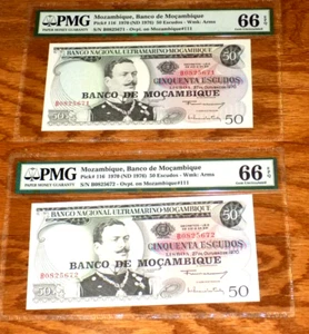 1970 (ND 1976) MOZAMBIQUE 50 ESCUDOS PMG 66 EPQ GEM UNC Consecutive Serial # Set - Picture 1 of 6