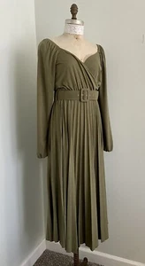ASOS Green Knit Dress Belted Pleated Skirt Long Sleeve SZ 8 Medium - Picture 1 of 7
