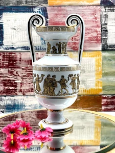 Vintage Porcelain White Vase 24k Gold Greek Mythology Figures Rhodes Hand Made - Picture 1 of 14