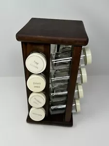 Spice Rack Wooden 16 Count Lazy Susan Spinning Rack W/Labeled Spice Bottles MCM - Picture 1 of 18