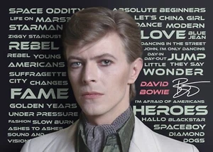 David Bowie Firmado Preimpreso A4 Autógrafo Montaje FOTO Regalo Impresión Títulos de Canciones - Imagen 1 de 5