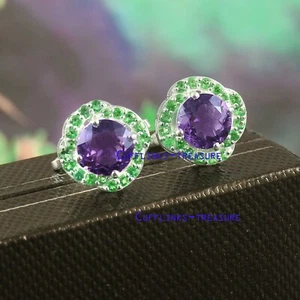 Natürlicher Amethyst & Tsavorit Edelsteine mit 925 Sterling Silber Herren Manschettenknöpfe #4 - Bild 1 von 3