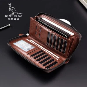 Men's Long Zipper Wallet High Quality Pu Leather Wallet RFID Blocking Clutch Bag - Picture 1 of 27