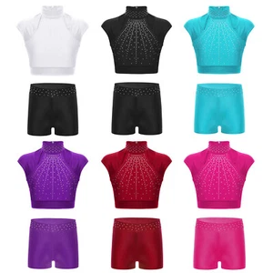 Kids Girls Crop Top Mock Neck Outfit Rhinestones 2 Piece Jazz Shorts Sports - Picture 1 of 85