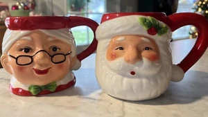 Pier 1 Santa + Mrs Claus Coffee Mug Cup Set Hand Painted Dolomite 18 oz New - Picture 1 of 24