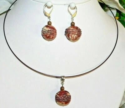 2er Schmuckset Halsreif Halskette Braun Ohrringe Fimo Scheibe braun   466p - Bild 1 von 4