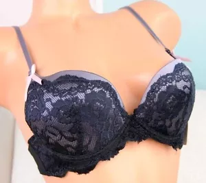 BNWT Black & Silver lacy Frilly Satin sexy Push Up Padded 34 36 B bra w bow - Picture 1 of 3