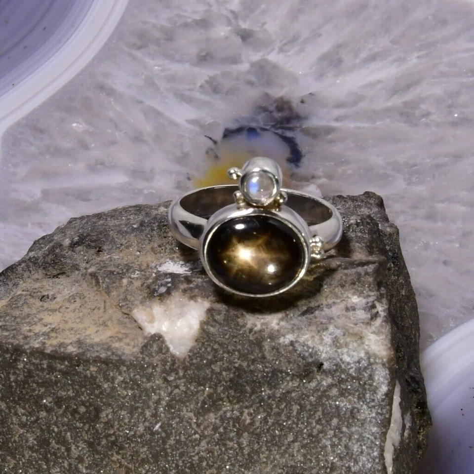 Schwarzer Stern Saphir Ring, 925er Silber, Edelsteinring (21525), mit Mondstein - Bild 1 von 1