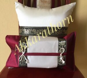 2x, Thai silk, tissue box cover & cushion cover, Decor, elephant, Red White
