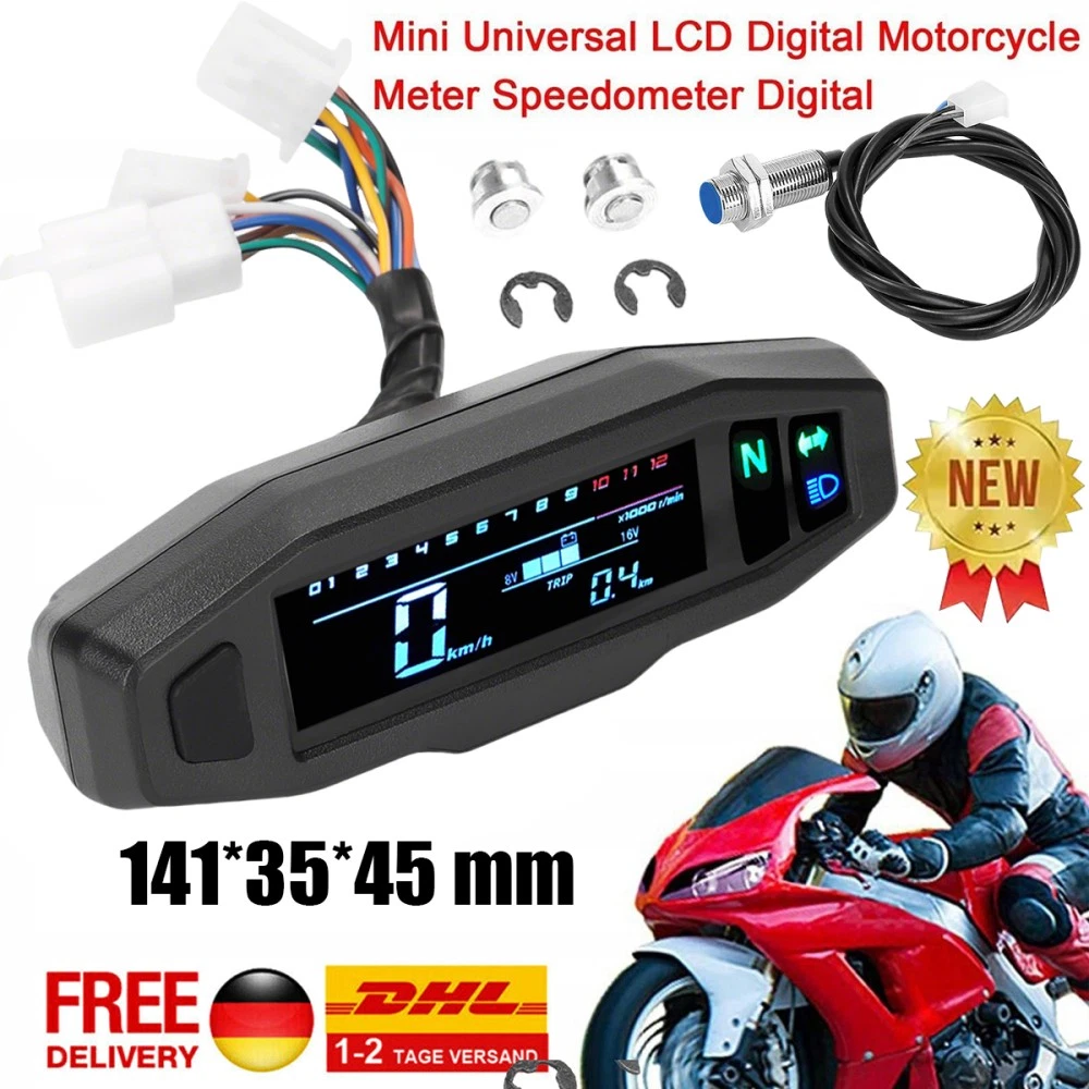KIMISS Digitaler Motorrad-Tachometer 0-12000 U/min – Mit Hintergrundbeleuchtung, Schwarz, Ø 9,3 Cm