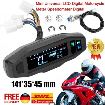 Universal Motorrad Tachometer LCD Digital Drehzahlmesser Kilometerzähler+ Sensor - Bild 1 von 4