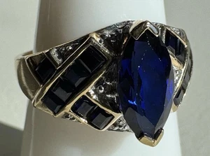 10k Gold Marquise Sapphire & Diamond Cocktail Ring Sz.6.75 Statement Signed CRP - Picture 1 of 20