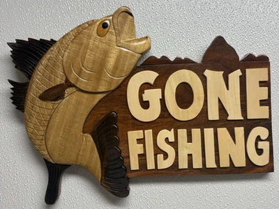 Largemouth Bass Gone Fishing Wood Intarsia Wall Art. 15.5"x11.5".  New. Fishing. - Image 1 of 4