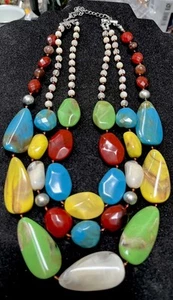 Multi Colors Three Strand Chunky Beads Pearls Statement Bib Choker Necklace - Picture 1 of 2