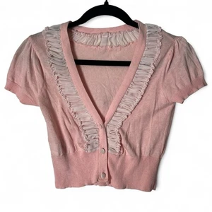 Elbrochee – Women's Ruffle Trim Cropped Knit Cardigan pink – Sz. 40 (XS/S) - Picture 1 of 8
