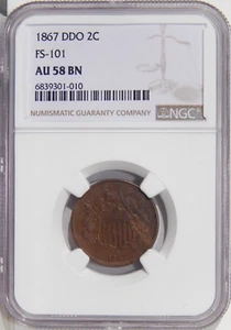 1867 DBL DIE OBV 2c NGC AU 58 FS-101 ~ TWO CENT COPPER DDO VARIETY - Picture 1 of 4