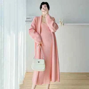 French Women Cardigan Mid-Length Sweaters Jumpers Graceful Dress Two-piece Sets - Picture 1 of 11
