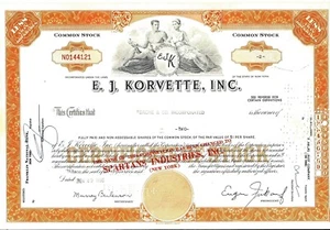 Certificado de stock E.J. Korvette (Spartans Industries) 1966 menos de 100 acciones - Imagen 1 de 1