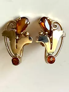 VINTAGE TIFFANY & CO 14K YELLOW GOLD BROWN CITRINE FLOWER FLORAL EARRINGS - Picture 1 of 5
