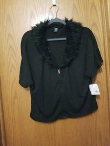 APOSTROPHE WOMENS BLACK ZIPPERED  FAUX FUR COLLAR SWEATER LARGE NEW - Picture 1 of 5