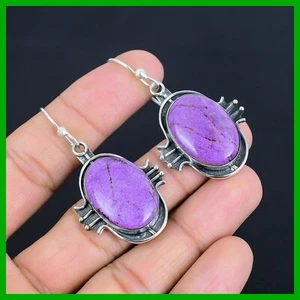 Oval Purpurite Stone 925 Sterling Silver Handmade Drop Hook Engagement Earrings - Picture 1 of 6