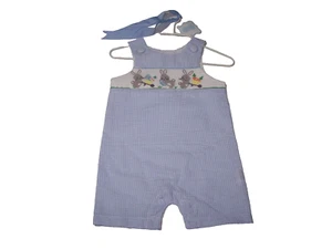 NWT Mud Pie Boys Shortall Size 0-6M Smocked Bunny Multicolor - Picture 1 of 3