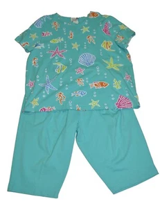 Copa Cabana Womens Capri Pants Top Outfit Plus 2X Ocean Fish Shell Tropical Blue - Picture 1 of 6