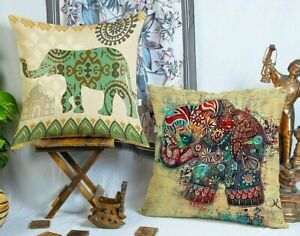 Indian Traditional Elephant Printed Jute Cushion Cover 24 Inch Set Of 2