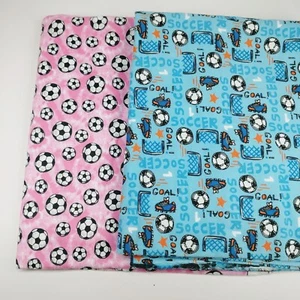 Cotton Flannel Fabric 2 Pieces Blue Soccer 33" x 43" and Pink Soccer 1 Yd + 6" - Foto 1 di 6