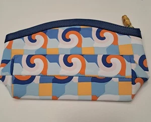 J Mclaughlin Medium Cosmetic Bag Blue Bamboo Zip Pull Leather Trim Makeup Pouch - Picture 1 of 5