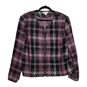 Chaqueta de tweed a cuadros para mujer Dressbarn XL cremallera completa púrpura negro blanco - Imagen 1 de 9